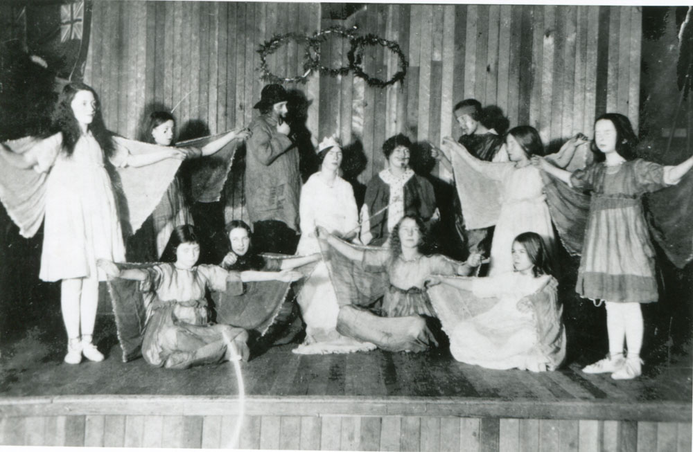 A play at the Odd Fellows Hall, note the three rings on the back wall. circa 1920s or 1930s