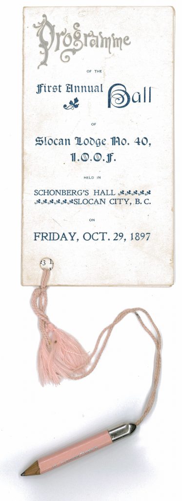 Slocan's first annual ball, 29 Oct 1897, dance card.